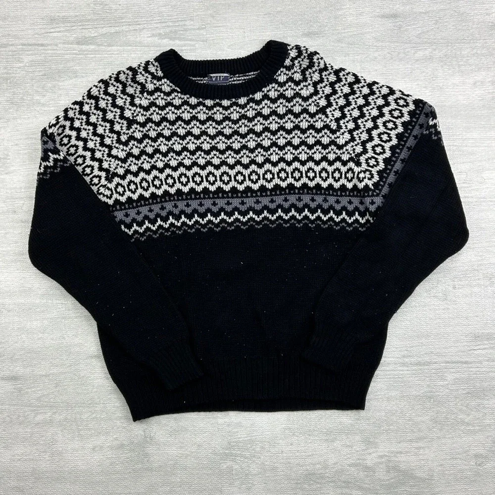 Vintage 80s VIP Geometric Sweater‎ Size Medium Black White Grandpa Pullover